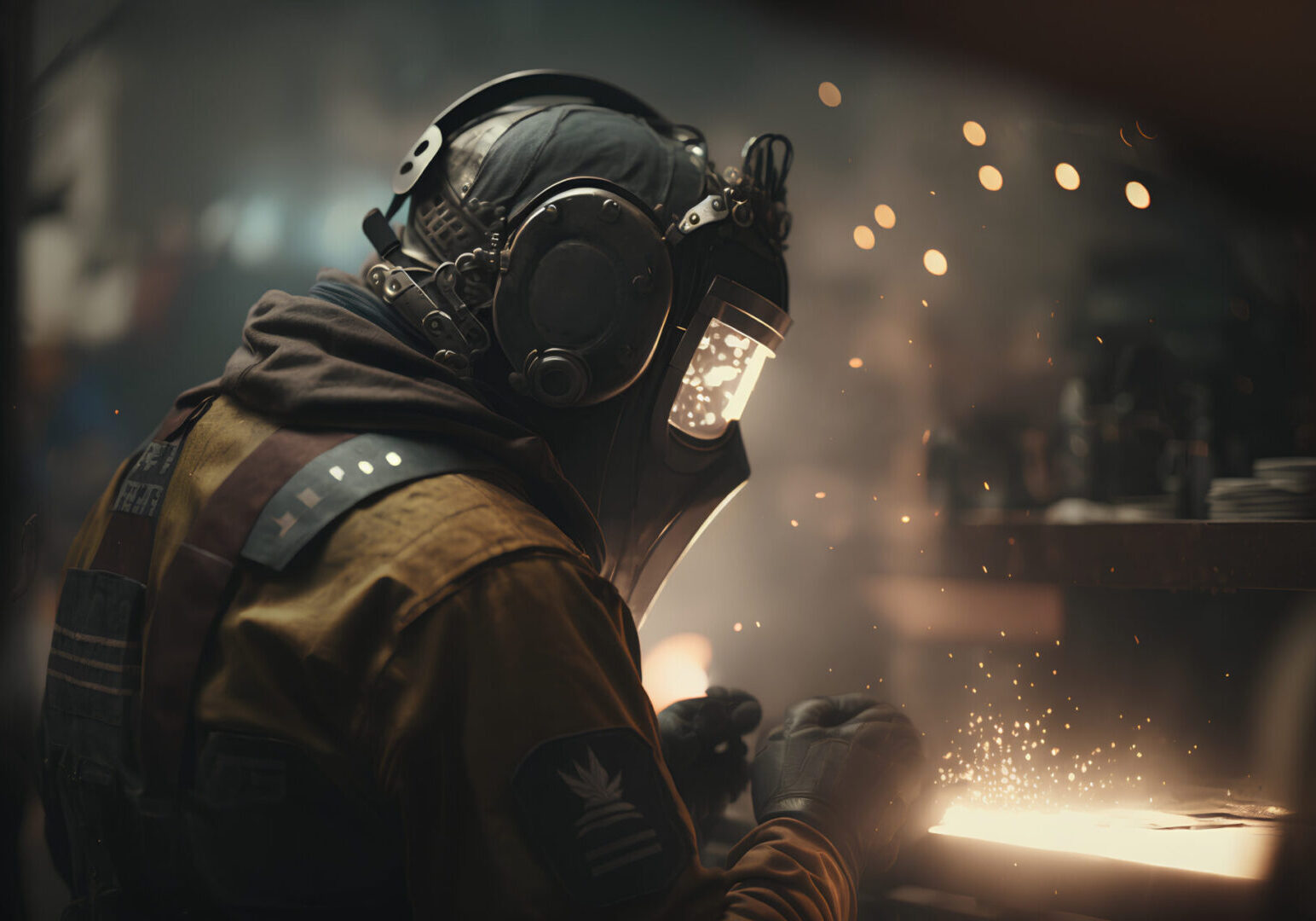 Worker in gas mask welding steel structure with sparks flying around him